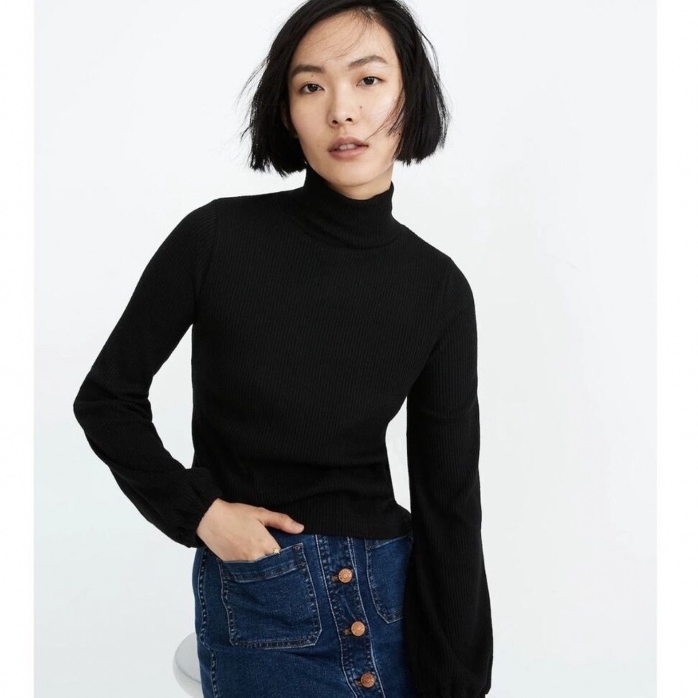 Madewell Ribbed mock neck Sweater Black‎ Long Sleeve Balloon Small